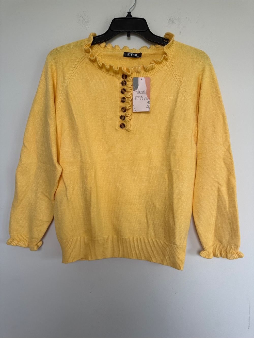 Ruffled Henley Knit Sweater - Yellow